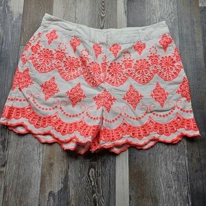 Boden Tamsin Scallop Hem Shorts Size 4 White with Bright Orange Embroidery